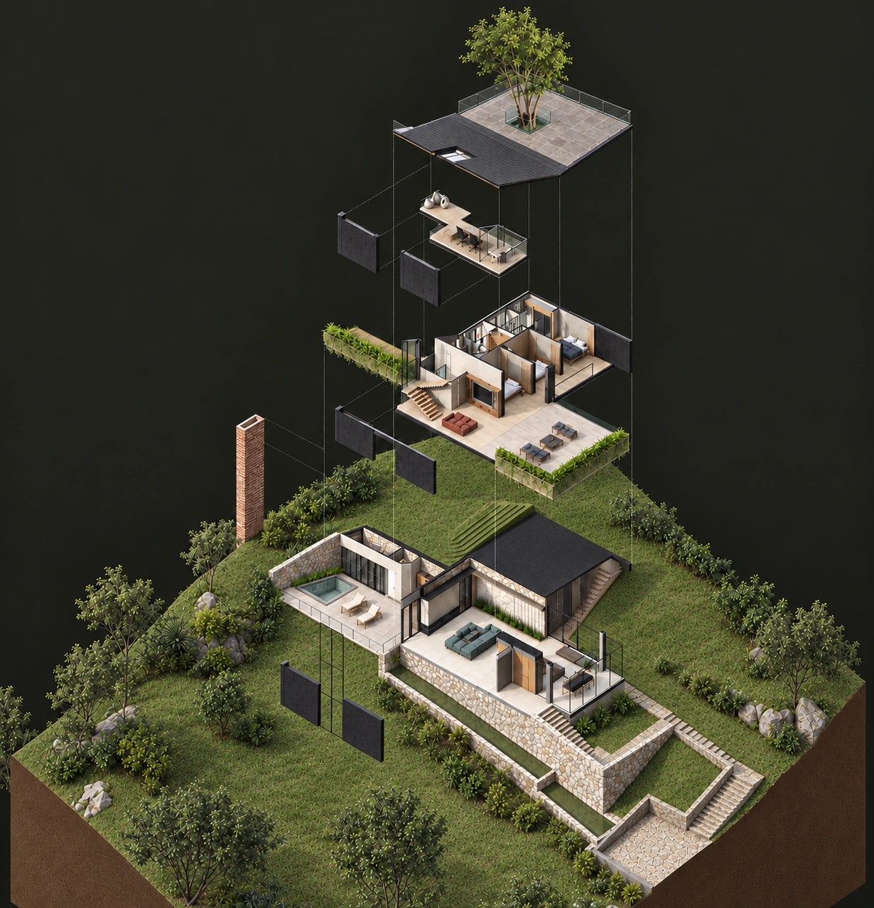 Interpretación axonométrica del diseño de Casa Colina, con árbol sobre el patio posterior, niveles separados y materiales basados en fotografías