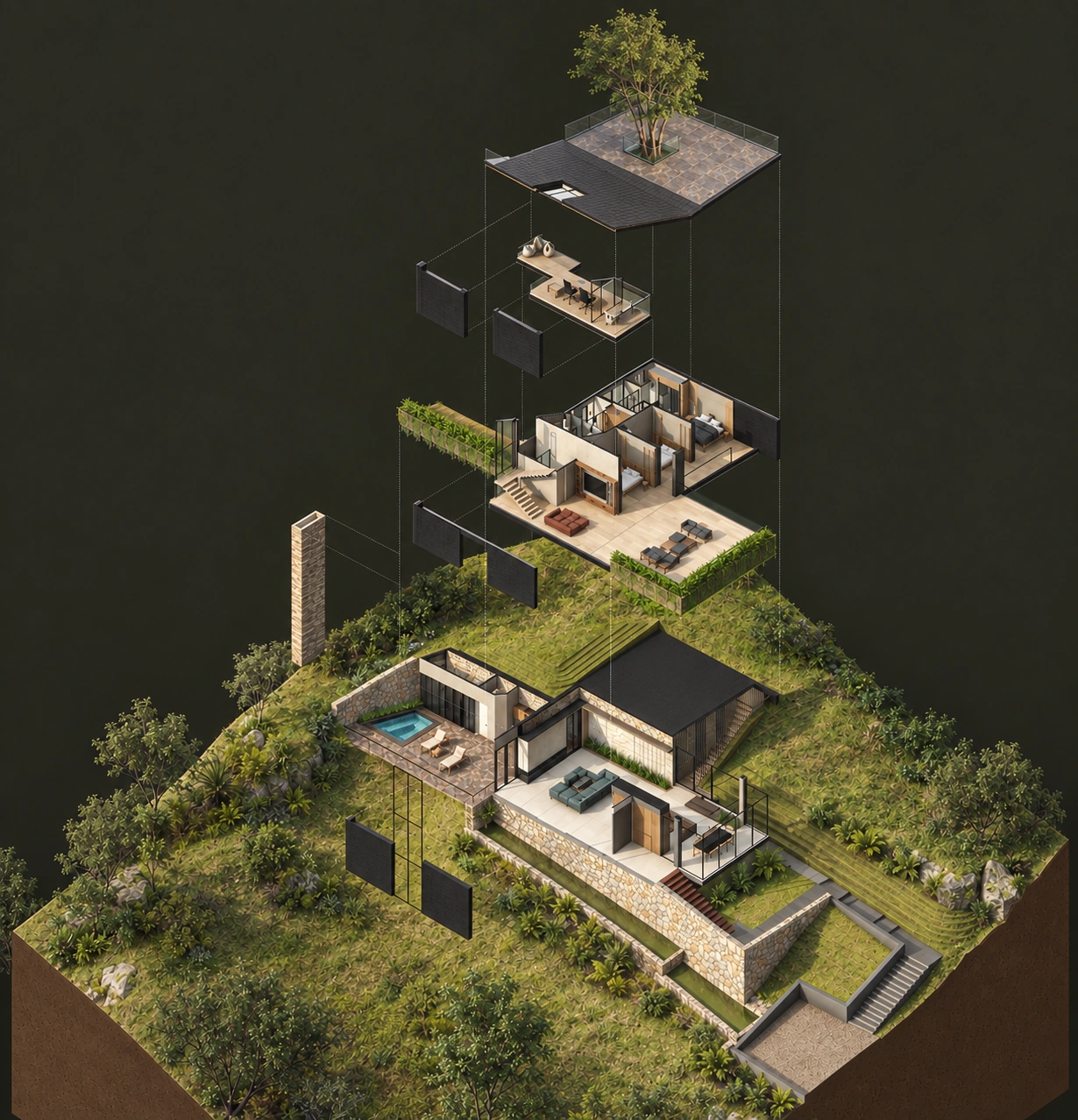Interpretación axonométrica del diseño de Casa Colina, con árbol sobre el patio posterior, niveles separados y materiales basados en fotografías